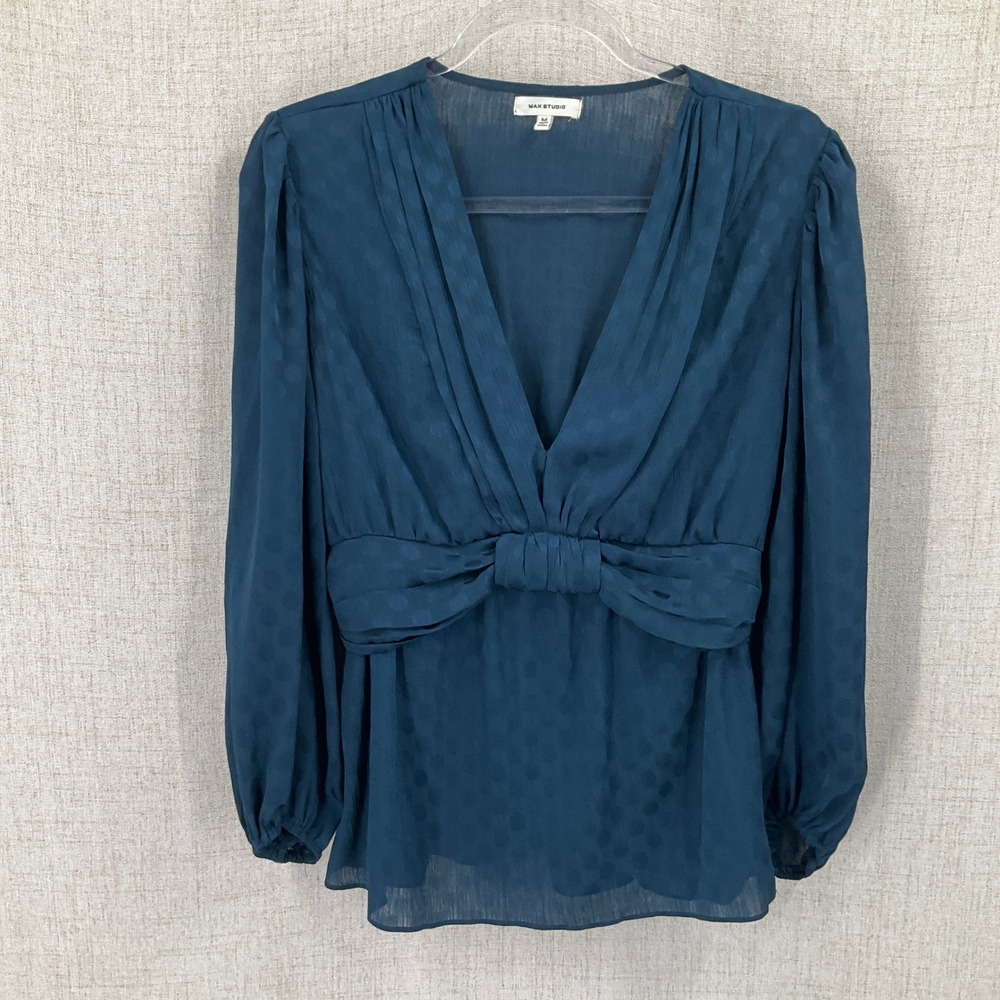Max Studio Blouse Womens M Blue Jacquard Bow Front V-Neck Peplum Office Cocktail
